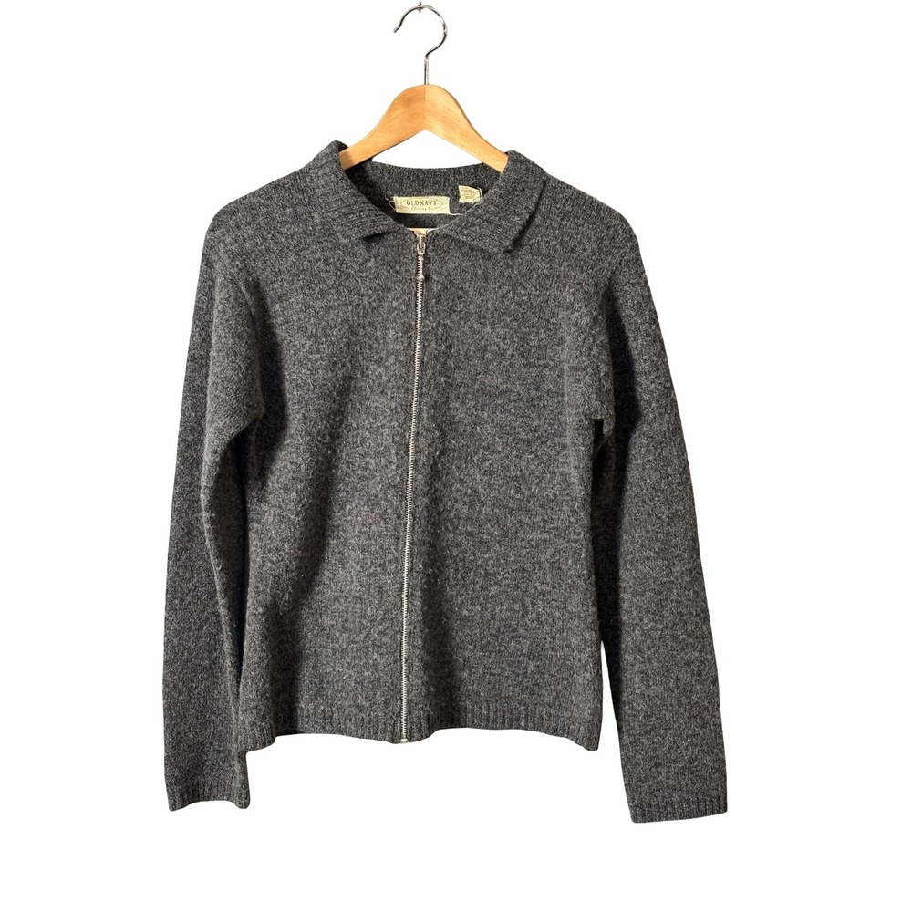 Old Navy Gray Wool Blend Full Zip Cardigan Sweater Size M Charcoal Knit Collar - Picture 2 of 6